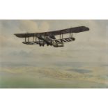 Geoffrey Watson (1894-1937) - Watercolour - A study of a Vickers Vimy over landmass with shoreline