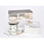 A George V Silver Octagonal Inkwell and Two Cigarette Boxes, the inkwell by Deakin & Francis,