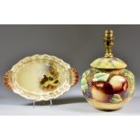 A James Skerrett Bone China Table Lamp, painted with fruit, signed, 8.75ins high, and shade for