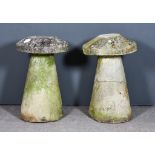 Two Staddle Stones, with circular tops on tapered bases, 19.5ins diameter x 29ins high and 20ins