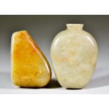 A Chinese Mottled Jade Snuff Bottle of Flattened Baluster Shape, 2.5ins (6.4cm), and one other of