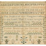 An English Sampler, worked in coloured silks by Esther Brockman, dated 1818, with four bands of