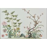 A Chinese Porcelain Plaque, 20th Century, decorated with bamboo shoots, prunus blossoms,