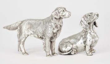An Elizabeth II Silver Filled Figure of a Dachshund and a Plated Figure of a Retriever, the