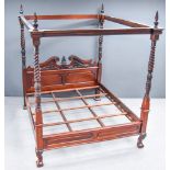 A Modern Mahogany Four Poster Bedstead, with moulded cornice with turned finials, spiral reeded