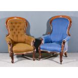 Two Victorian Mahogany Framed Spoon Back Easy Chairs, with moulded crest rail, show wood frames,