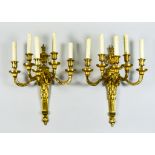 A Pair of Cast Gilt Brass Five-Branch Wall Lights of Neo-Classical Design, 20ins high