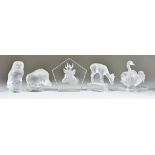 Four Lalique Frosted and Clear Glass Models - "Sanglier", No. 1157, car mascot, 2.75ins high, "Deer"