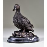 20th Century British School - Patinated bronze model of a standing duck, on polished oval marble