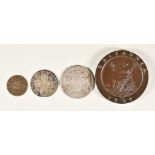 Three Georgian Coins including a George I Shilling, 1723, a George III 1787 shilling and a George