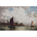 ***John Ernest Aitken (1881-1957) - Watercolour - River scene with various vessels, barge to