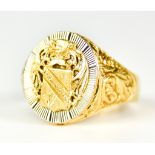 An 18ct Gold Gentleman's Crested Signet Ring, Modern, size W, gross weight 13g