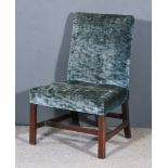 A George III Mahogany Low Chair, with rectangular back upholstered in blue grey dralon on square