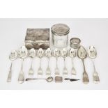 A Set of Six Victorian Silver Fiddle Pattern Tea Spoons and Mixed Silver Ware, the tea spoons by