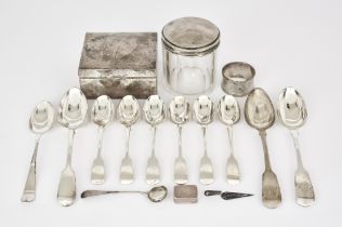 A Set of Six Victorian Silver Fiddle Pattern Tea Spoons and Mixed Silver Ware, the tea spoons by