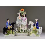 Seven Staffordshire Flat Back Pottery Figures, including - "Dick Turpin", and "Tom King", both