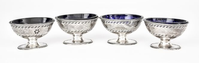 A Set of Four George III Silver Oval Salts of Neo Classical Design, makers mark rubbed, possibly