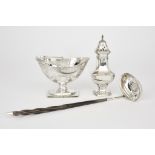 A Victorian Silver Oval Basket, a Punch Ladle and a Sugar Caster, the basket by Frederick Brasted,
