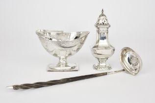 A Victorian Silver Oval Basket, a Punch Ladle and a Sugar Caster, the basket by Frederick Brasted,