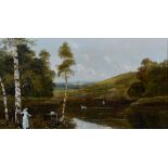 George Vicat Cole (1833-1893) - Oil painting - Tree lined river landscape with woman watching