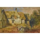 Henry Warren (1794-1879) - Watercolour - Figures before a thatched cottage, signed, 13.25ins x 20.