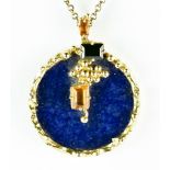 A 9ct Gold Lapis Lazuli and Gem Set Pendant and Chain, Modern, set with lapis lazuli disc 39mm