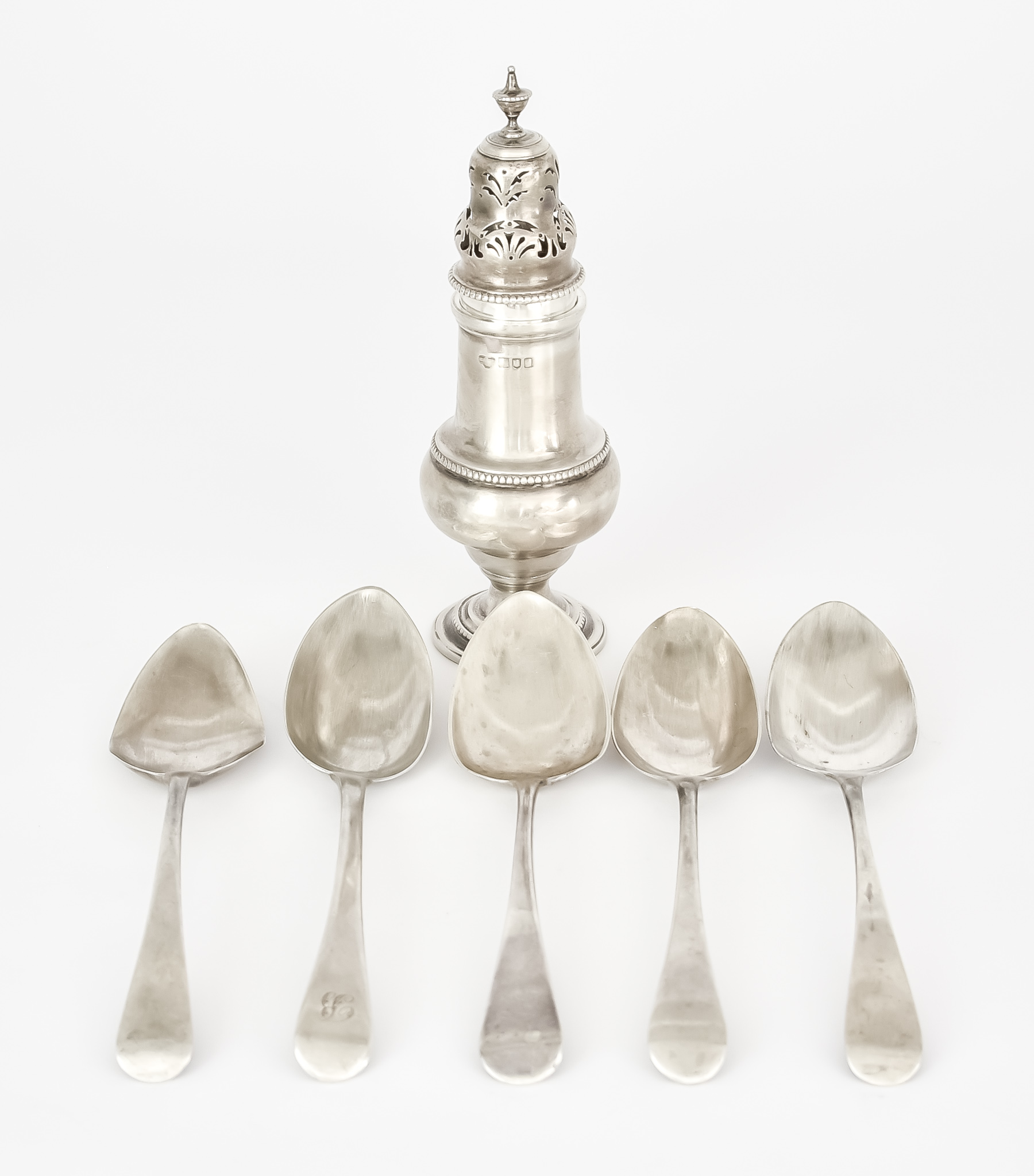 An Edward VII Silver Sugar Caster and Five Silver Table Spoons, the sugar caster makers mark rubbed,