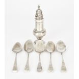 An Edward VII Silver Sugar Caster and Five Silver Table Spoons, the sugar caster makers mark rubbed,