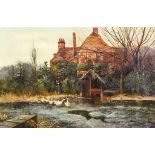 19th Century British School - Oil painting - Geese on a frozen river with cottage to background,