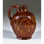 An English Lead Glazed Flask with Red Body, 19th Century, slip decorated with a man smoking a pipe