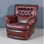 A Modern Scroll Back Easy Chair, with outscroll arms, upholstered in brown leather, the back