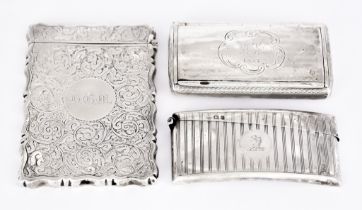 A Victorian Silver Rectangular Card Case, One Other Card Case and a Snuff Box, the rectangular