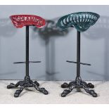 Two Early 20th Century Cast Iron Tractor Seats, now converted into bar stools, on later bases with