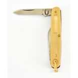A 9ct Gold Twin Bladed Pen Knife, Modern, engine turned 9ct gold scales with two small stainless
