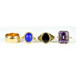 Four Gem Set and 9ct Gold rings, comprising - 9ct gold wedding band size N, gross weight 6.9g, a 9ct