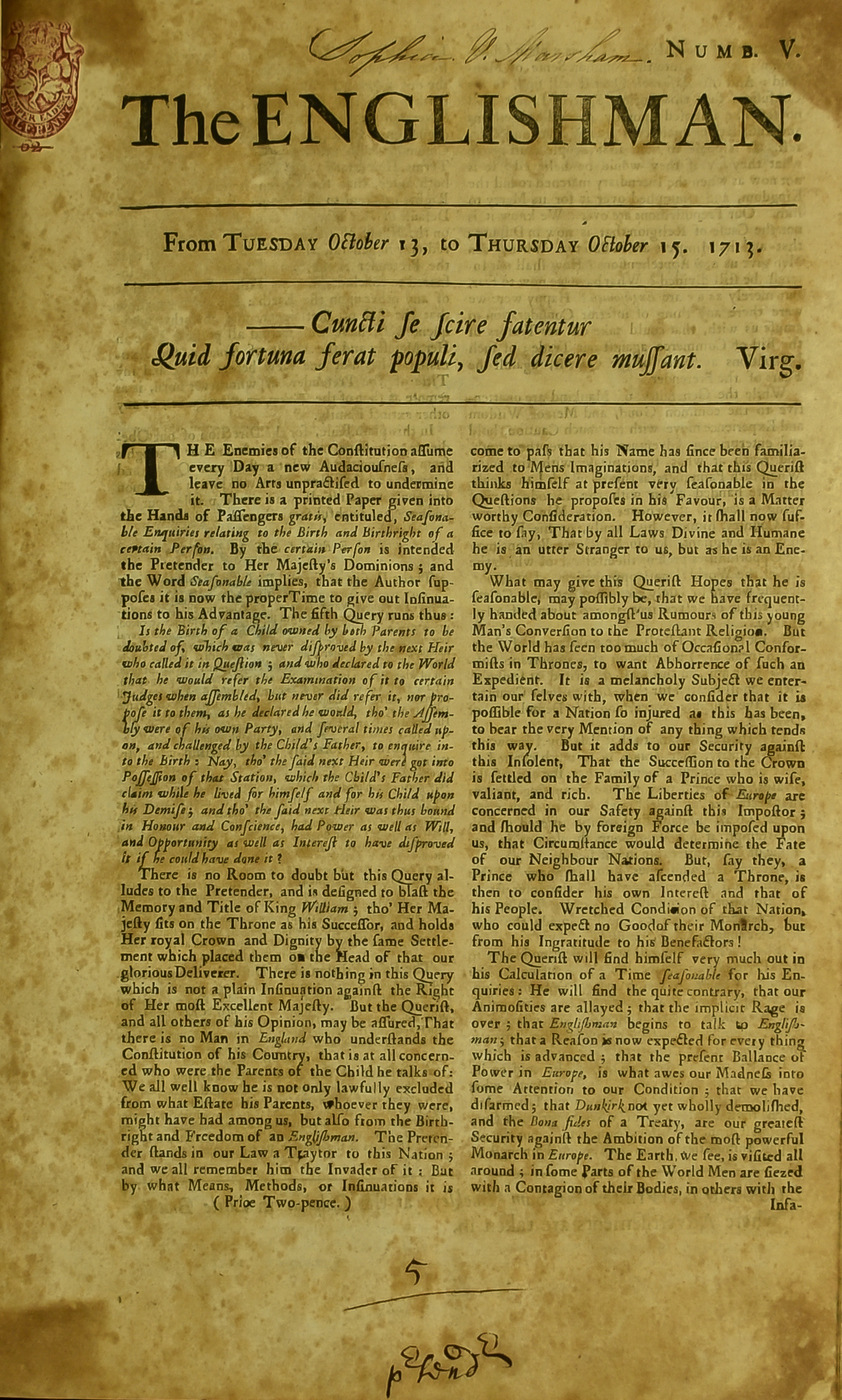 A Collection of News Sheets - "The Englishman", from Tuesday October 13th, 1713 (No.V) to Tuesday