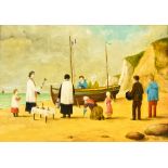 20th Century French School - Oil painting - Blessing the Boat - priests and figures on the shore
