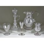 A Collection of English Glassware, including - clear ale jug, etched with hop and barley motif