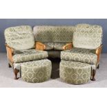 A 1930s Walnut Framed Three Piece Bergere Lounge Suite, upholstered in pale green cut dralon and
