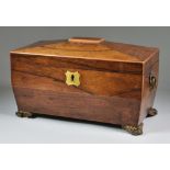 A George III Rosewood Tea Caddy, of sarcophagus shape, the interior with cut glass bowl and lidded