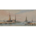 P. Martles - Pair of watercolours - Coastal scenes with sand banks, ships and seagulls, indistinctly