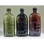 Three Warner's Safe Cure London Bottles, Late 19th Century, moulded with safe motif, two of green