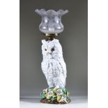 A Continental Porcelain Oil Lamp Modelled as a Long-Eared Owl, Circa 1880, with etched shade,