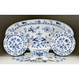 A Meissen Blue and White Part Dinner Service, 19th Century, painted with the "Onion Flower" pattern,