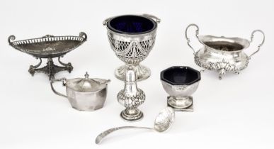 A Georgian Silver Urn Pattern Sugar Basket and Mixed Silver Ware, the sugar basket makers mark and