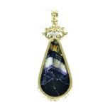 A 9ct Gold Tear Drop Pendant, 20th Century, set with a polished blue john stone, 50mm x 20mm,