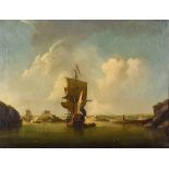 18th Century British School - Oil painting - British Man of War, its guns run out, at the mouth of a