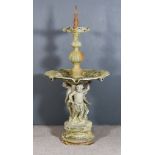 A Bronze Two Tier Circular Garden Fountain, the shaped tiers cast with leaf ornament on bulbous