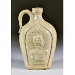 An English Lead Glazed Stoneware Flask, 19th Century, moulded with portraits of Queen Victoria and