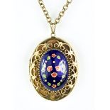 A 9ct Gold Enamelled Locket, 42mm x 33mm, suspended on 9ct gold chain, 400mm, total gross weight
